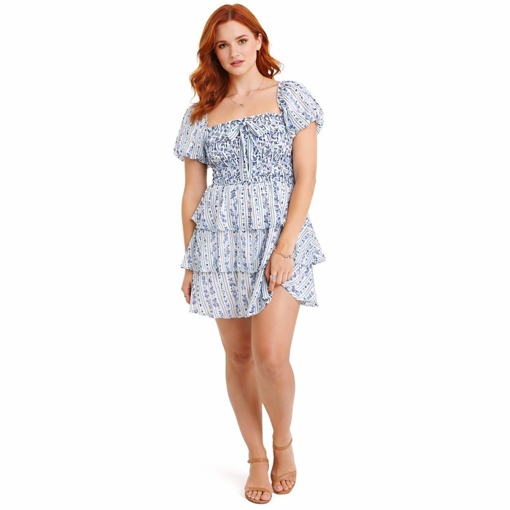 Francesca's Lolla Tiered Mini Dress XL Blue Floral Smocked Puff Sleeve NWT‎